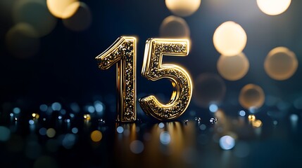 A glittering golden "15" stands out against a blurred background of shimmering lights, evoking celebration and milestones.