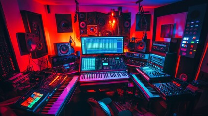 A vibrant music recording studio with musical instruments and recording tools, Recording tools and musical compositions meticulously arranged, Musical creativity style