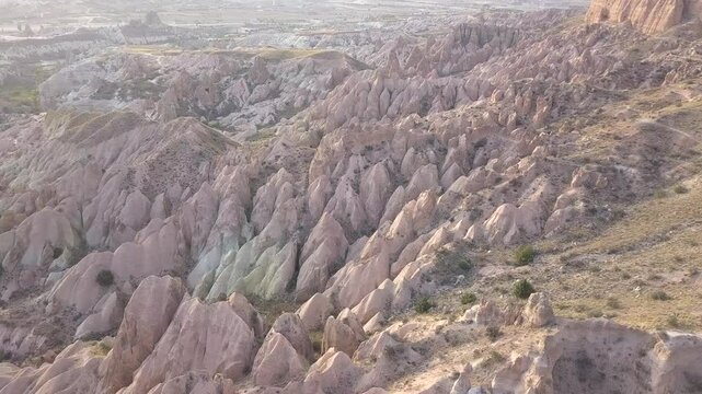 Vertical drone video of the breathtaking geological rock formations in Cappadocia Turkey