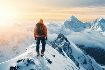 An adventurer stands on a snowy mountain peak at sunrise, overlooking majestic peaks and clouds - Powered by Adobe