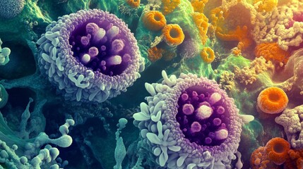 Obraz premium Abstract Microscopic World A Colorful and Textured Composition of Cells, Cell Biology, Microscopic Art, Microscopy, Microorganisms, Cellular Structure,