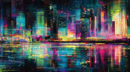 Naklejka premium Abstract Neon Cityscape Digital Painting with Glowing Lights and Water Reflection, digital art , cyberpunk