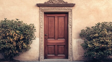 Fototapeta premium Elegant Wooden Door with Ornate Frame and Surroundings