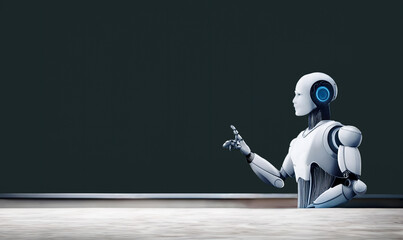 Humanoider Roboter als Lehrer oder Dozent zeigt auf eine dunkelgrüne Tafel, viel Freifläche