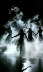 Obraz premium Silhouettes of dancers in smoke and mist.