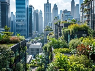 Fototapeta premium High-rise buildings with rooftop gardens in an eco-friendly city, promoting urban sustainability, green architecture, and environmental harmony.