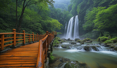 AI generator image of wooden bridge leading to a beautiful waterfall In the middle of a natural forest, the air is good and fresh.