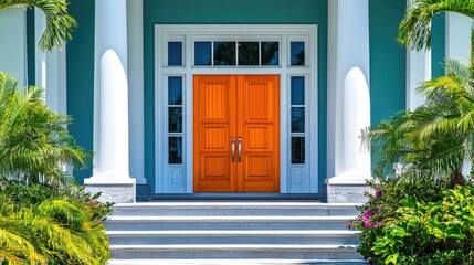 Bright Orange Front Door with Tropical Surroundings