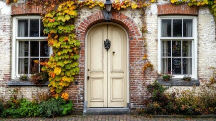 Charming Vintage Door with Ivy and Autumn Foliage