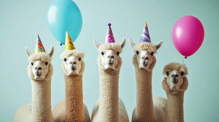 Fototapeta premium Five Alpacas Wearing Party Hats and Holding Balloons, alpaca, party