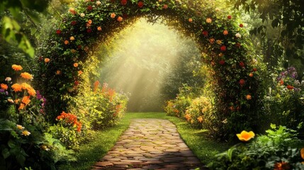 Enchanted Garden Path with Flower Arch, Stone Pathway, Fantasy, Nature , garden path , fantasy world