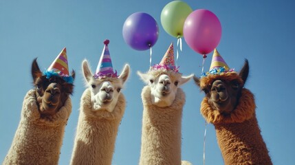 Fototapeta premium Four Llamas In Party Hats With Balloons, Llamas, birthday , celebration