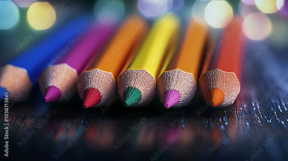 Poster a vibrant array of colored pencils lined up in a row, showcasing a spectrum of hues against a softly