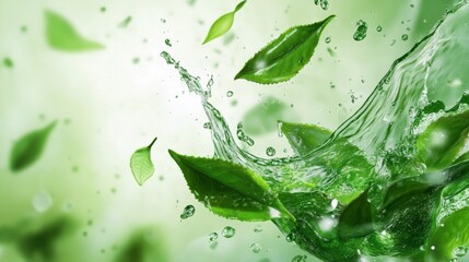 Green Tea Leaves Splashing in Water, Nature, Photography