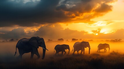 Obraz premium Elephants at Sunset in the African Savanna