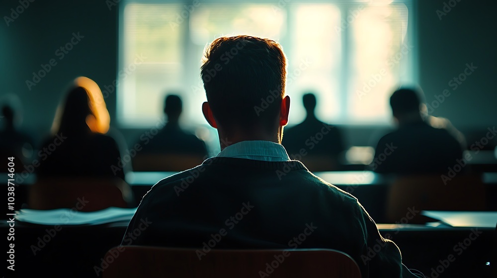 Poster a student sits facing a bright window, surrounded by classmates, creating a contemplative and focuse