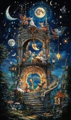 Obraz premium Stone tower with moon, stars, and figures.