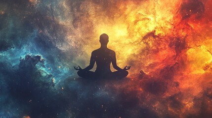 Obraz premium Silhouette of a Person Meditating in a Cosmic Nebula, Meditation, Space
