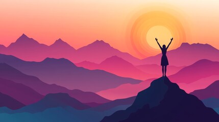 Silhouette of a Woman with Arms Raised on a Mountain Peak at Sunset, Minimalist Landscape, Colorful Mountains, Mountaintop, Silhouette, Sunset