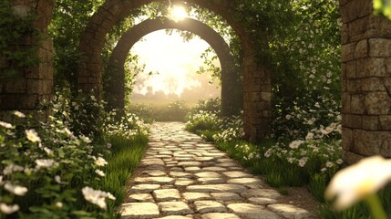 Obraz premium Stone Archway Pathway to a Sunlit Meadow, 3D Render, fantasy, garden, nature, stone, architecture