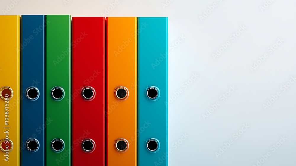 Poster a vibrant collection of colorful binders lined up against a light background, ideal for organizing d