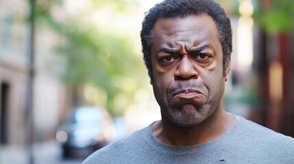 Fototapeta premium Frustrated Black Man Voices Homelessness Woes on Street Generative AI