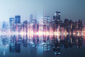 Obraz premium A futuristic cityscape reflected on water with tall buildings glowing in soft neon lights creating a surreal skyline 