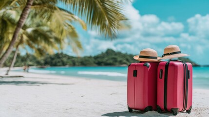 Vacation Ready Suitcases on Tropical Beach, palm tree, suitcase, travel ,vacation