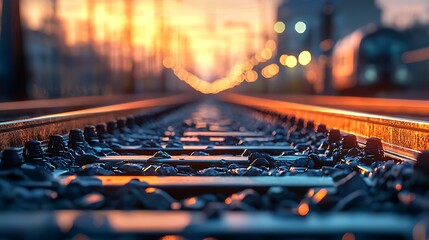 Fototapeta premium A close-up view of railway tracks glowing in sunset light, creating a serene and nostalgic atmosphere.