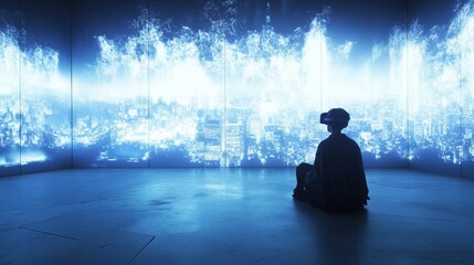 Fototapeta premium Virtual Reality Cityscape A Person in VR Headset Views Futuristic City,VR, Metaverse