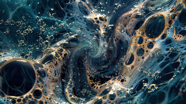 Swirling patterns and bubbles in an abstract representation of the aboral pore of marine organisms under microscope