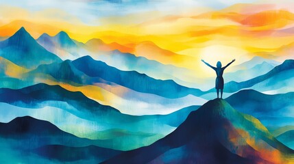 Woman Standing on Mountaintop with Arms Raised in Joyful Embrace of the Sunrise, Abstract Watercolor, Hope, Freedom