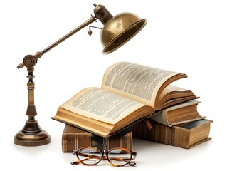 A reading desk setup with a book, a desk lamp, and glasses isolated on white