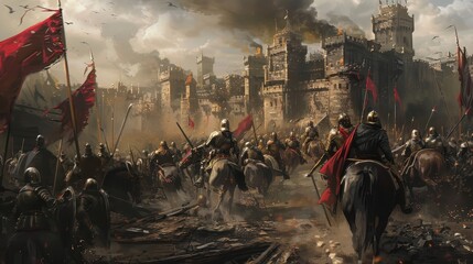 Dramatic historic battle scene featuring armored knights charging towards a fortified castle under a smoky sky