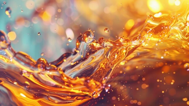 Vibrant amber liquid splashes create dynamic formations in amyl acetate stock photography showcasing fluid motion and texture