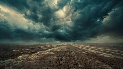 Dramatic clouds loom over a desolate landscape under the aphotic zone, showcasing the eerie beauty of nature's vast expanses