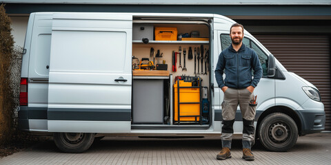 A plumber standing next to a fully equipped work van, showcasing the organization and readiness of their tools and equipment.