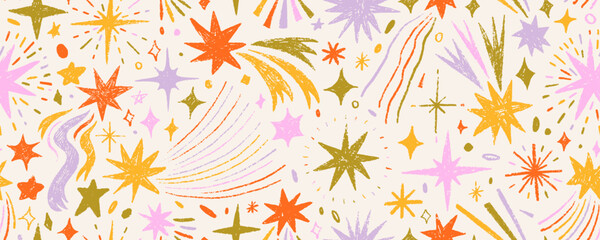 Colorful childish seamless pattern with stars and comets drawn by a crayon. Starry sky seamless pattern with doodles. Childish drawing cosmic illustration with cute doodle stars. © Anastasiia Hevko