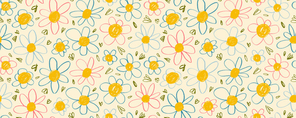 Cute doodle daisy flowers seamless pattern in pastel colors. Hand drawn chamomile blossoms drawn with crayon. Pencil sketch botanical drawing. Kid daisy scribbles. Naive or primitive.