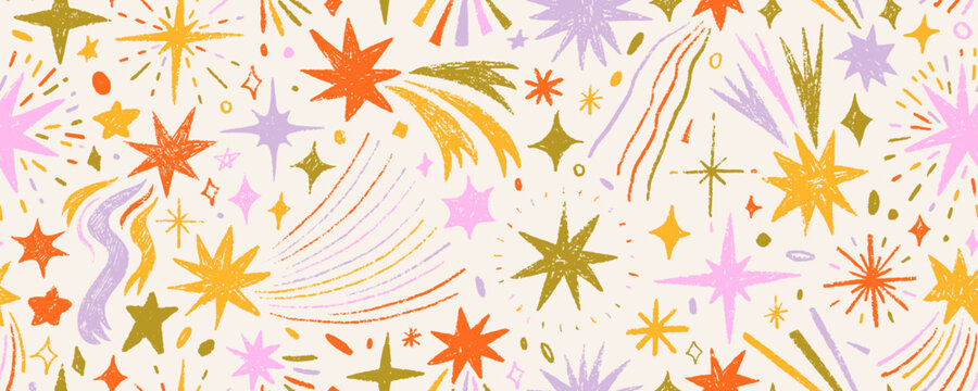 Colorful childish seamless pattern with stars and comets drawn by a crayon. Starry sky seamless pattern with doodles. Childish drawing cosmic illustration with cute doodle stars.