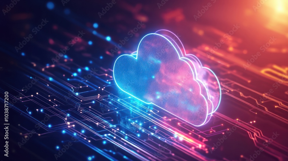 Poster a glowing digital cloud icon hovers above intricate circuitry, symbolizing cloud computing and data 