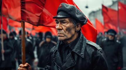 A Bolshevist parade with participants carrying red flags in a somber atmosphere during a historical commemoration event in a city
