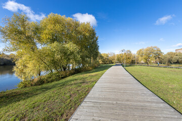A path in a park with trees and a body of water