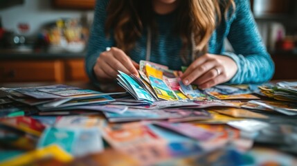 Fototapeta premium Woman Sorting Through Colorful Cards