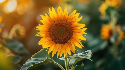 Naklejka premium Bright sunflower blooming in a warm summer garden, surrounded by green leaves and softly glowing sunlight