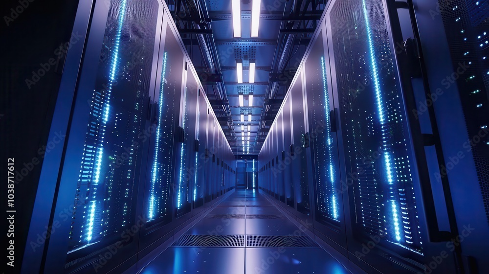 Poster glowing server racks in a data center corridor