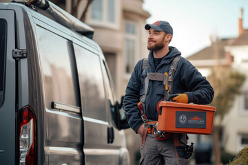 Plumber standing next to a van with company logo, holding a toolbox, ready for work in an urban neighborhood.