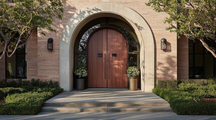 Naklejka premium Elegant Entrance with Wooden Door and Lush Greenery