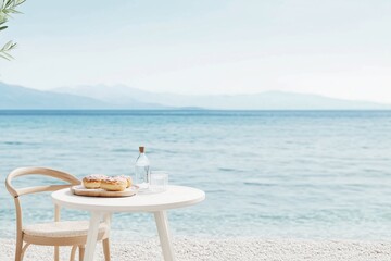 serene seaside setup featuring a small round white table with two wooden chairs, placed right at the edge of the water on a pebbled beach