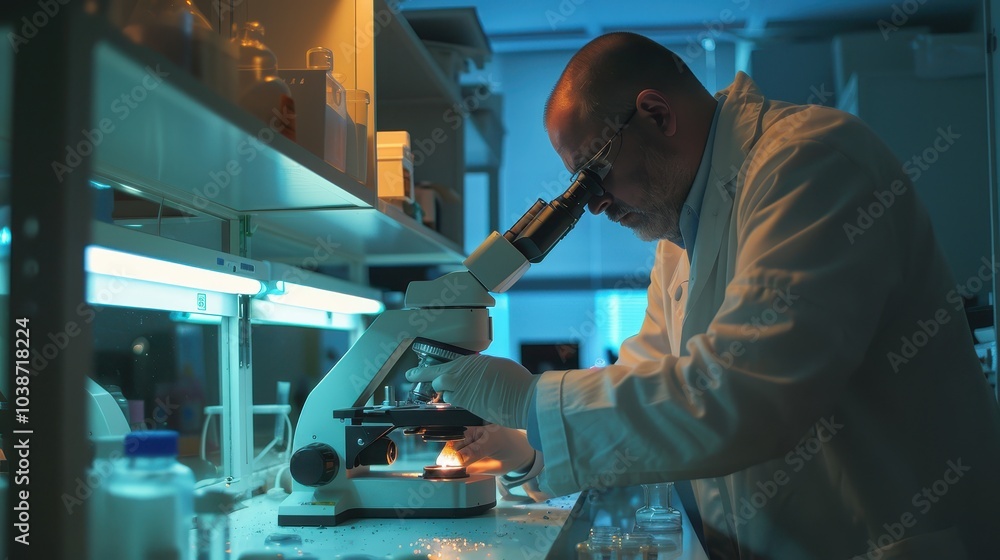 Poster scientist examining samples in modern laboratory setting